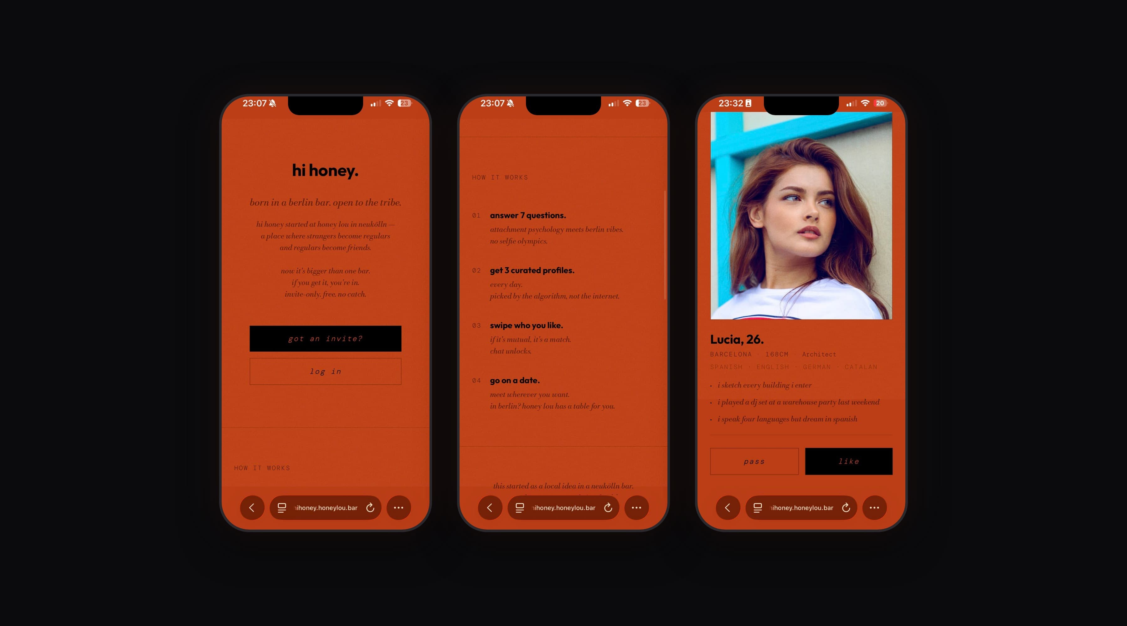 Hi Honey — landing, how it works, and profile screens