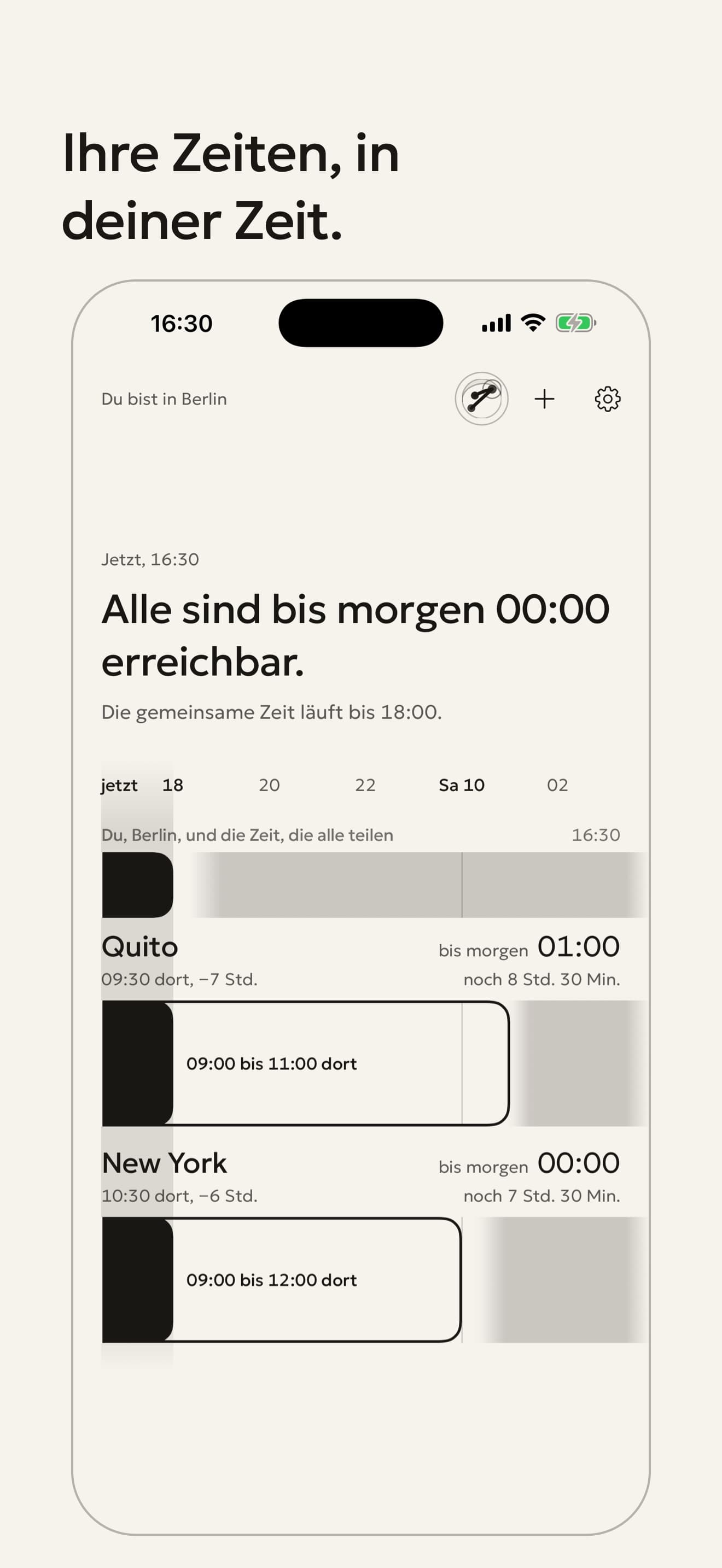 Startbildschirm: der Satz über zwei Spuren, wer bis wann erreichbar ist.