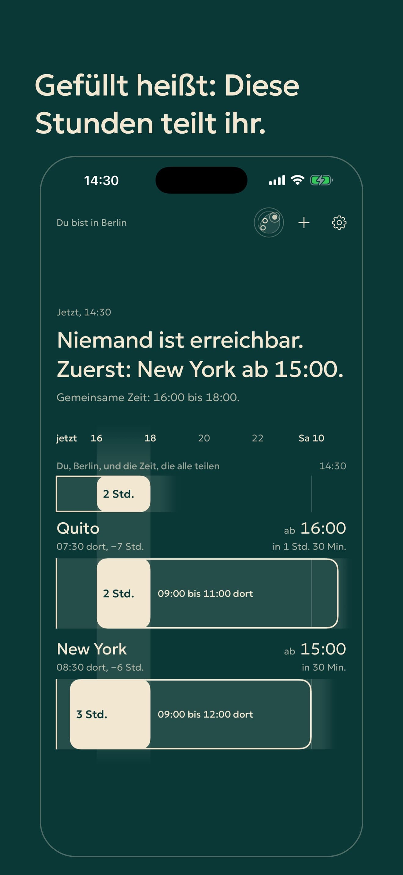 Startbildschirm im Look Meer: Umrisse für Arbeitstage, gefüllte Blöcke für gemeinsame Stunden.