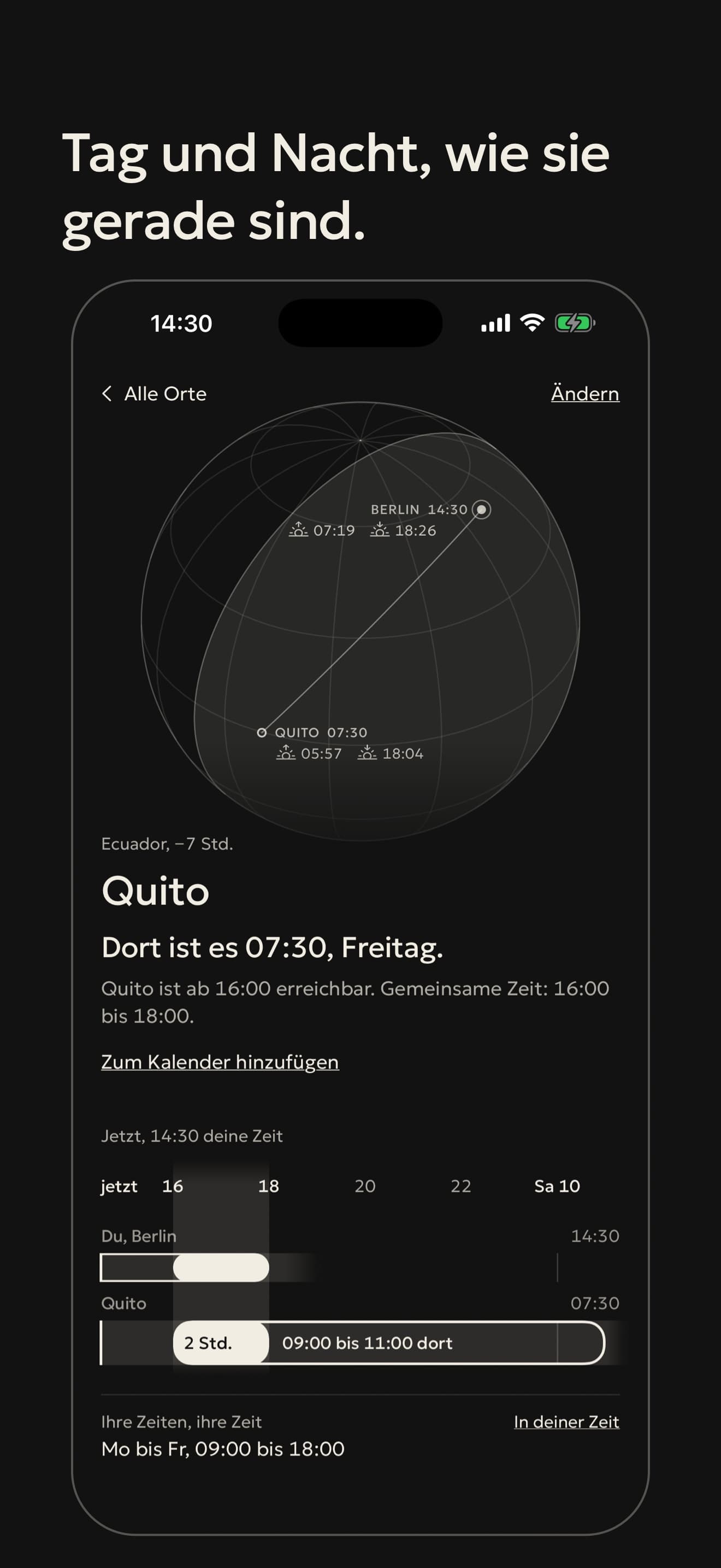 Ein Ort: der Globus mit Tag und Nacht, Berlin und Quito durch eine Linie verbunden.