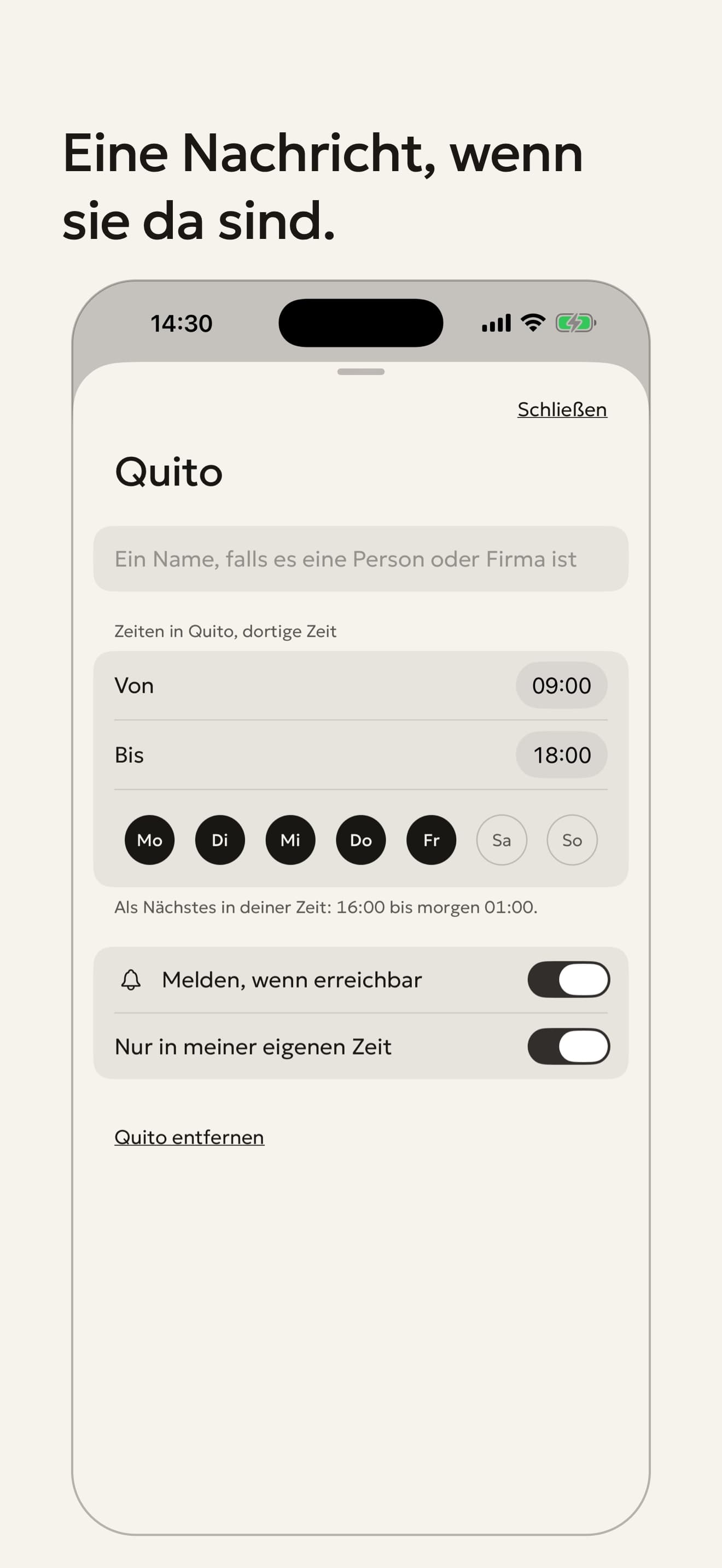 Die Zeiten eines Ortes mit eingeschalteter Nachricht.