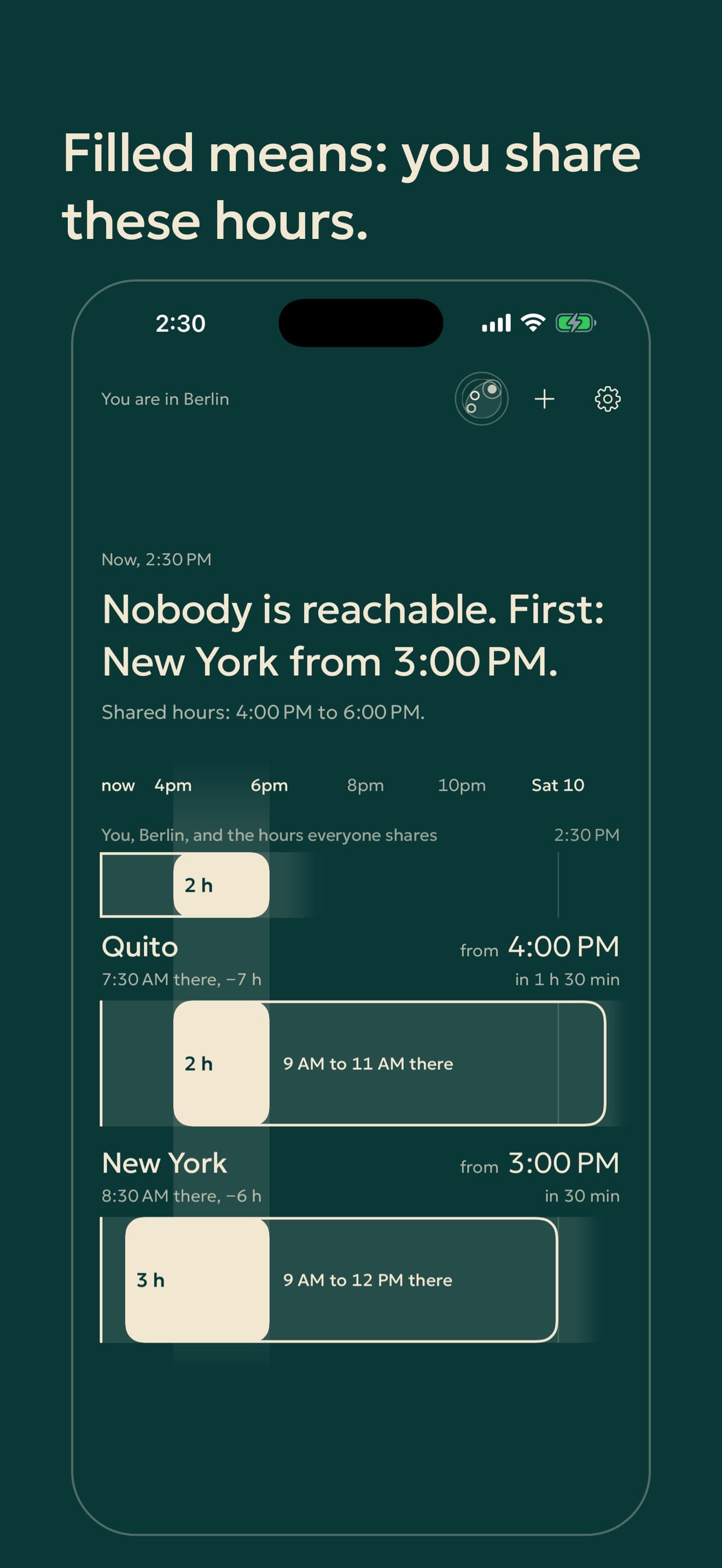 Start screen in the Sea look: outlines for working days, filled blocks for shared hours.