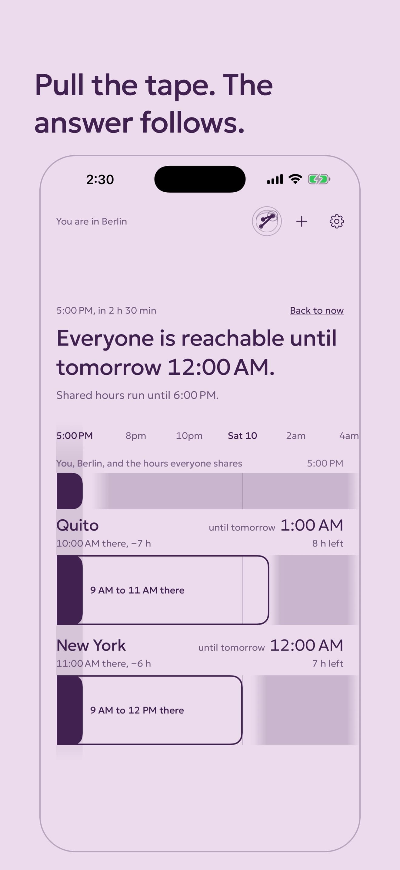 The tape pulled to 5:00 PM in the Lilac look.