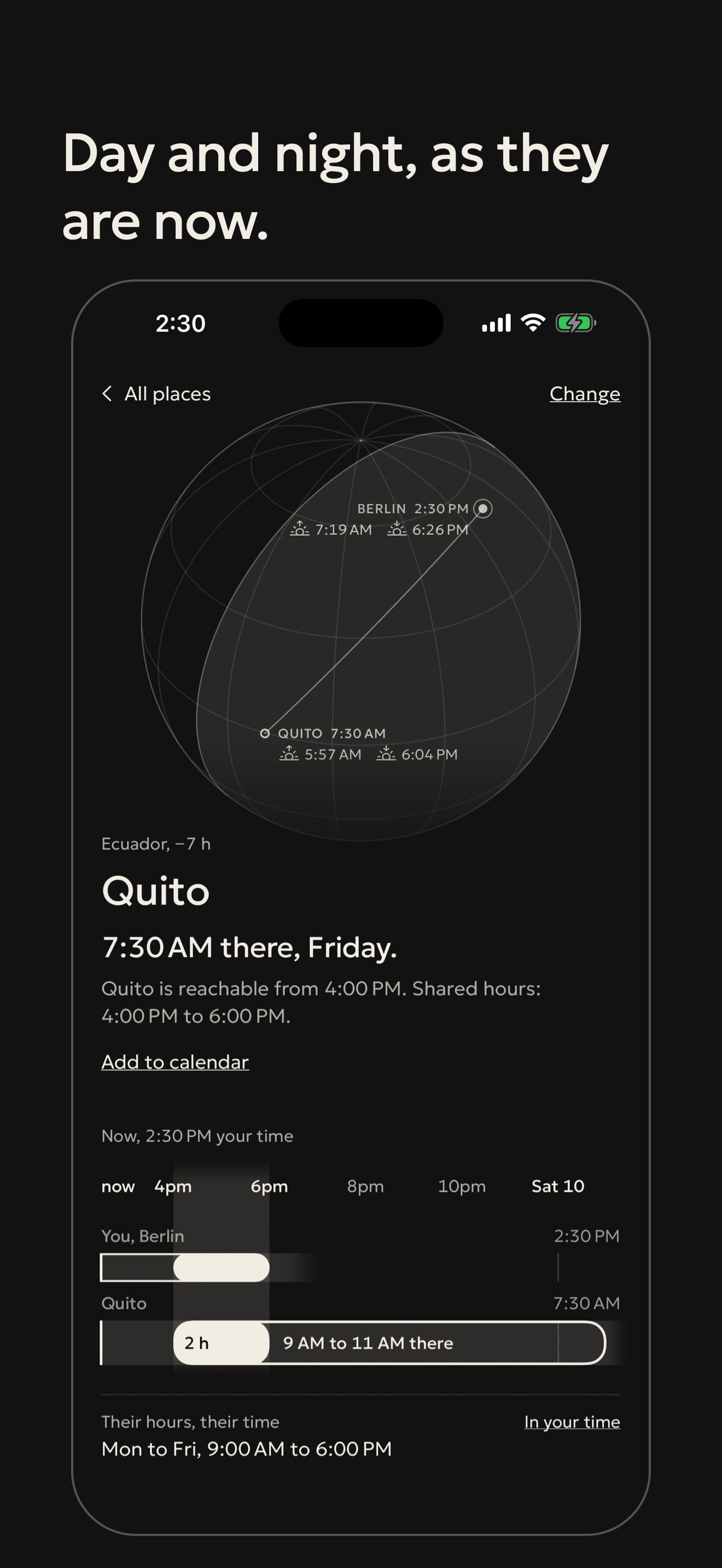 A place: the globe with day and night, Berlin and Quito joined by a line.