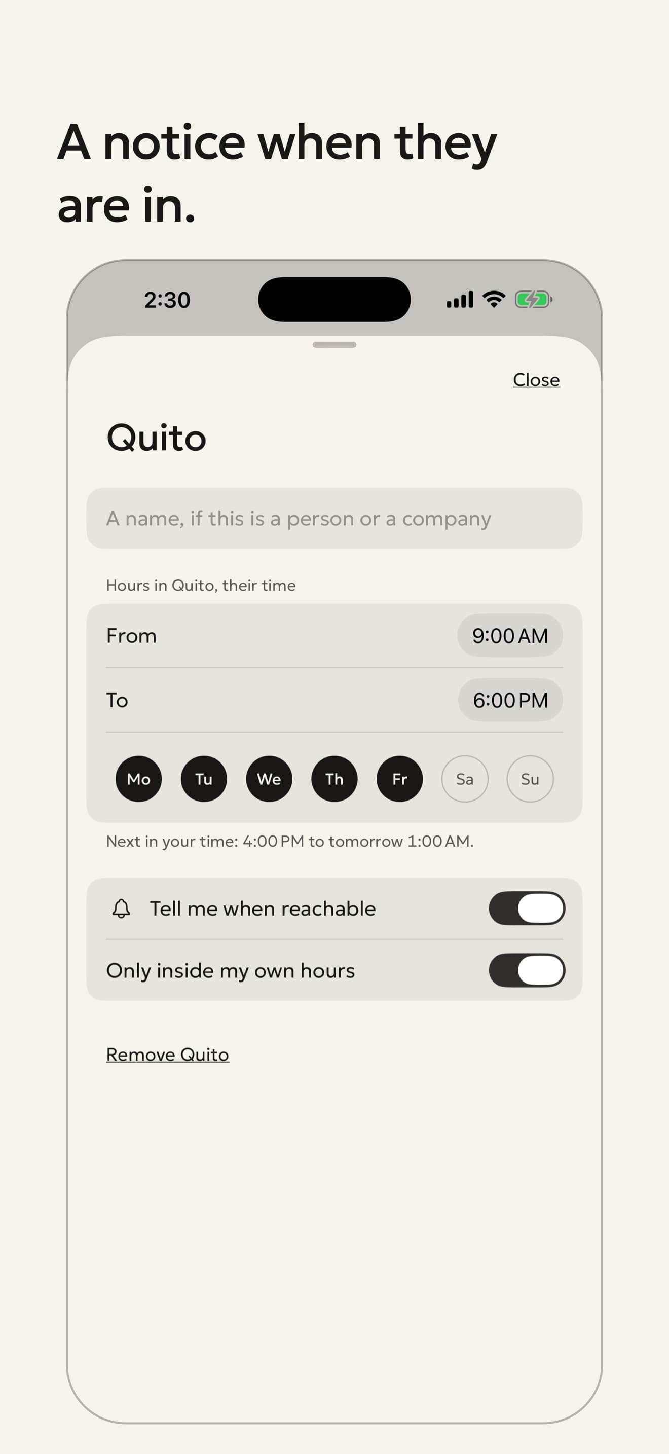A place's hours with the notice switched on.