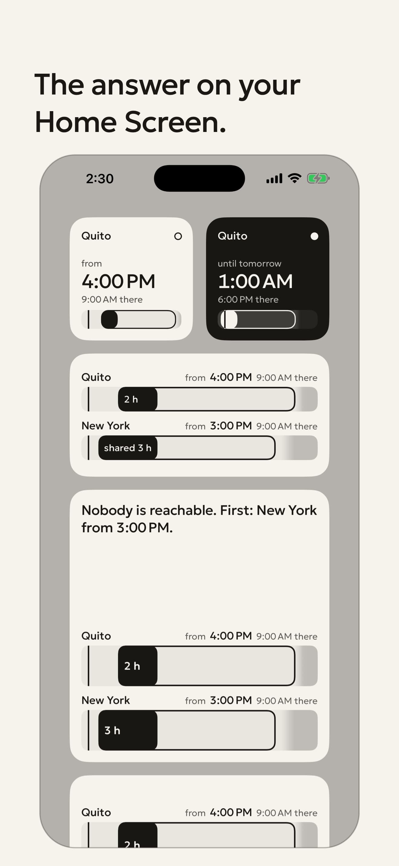 Home Screen widgets in three sizes.