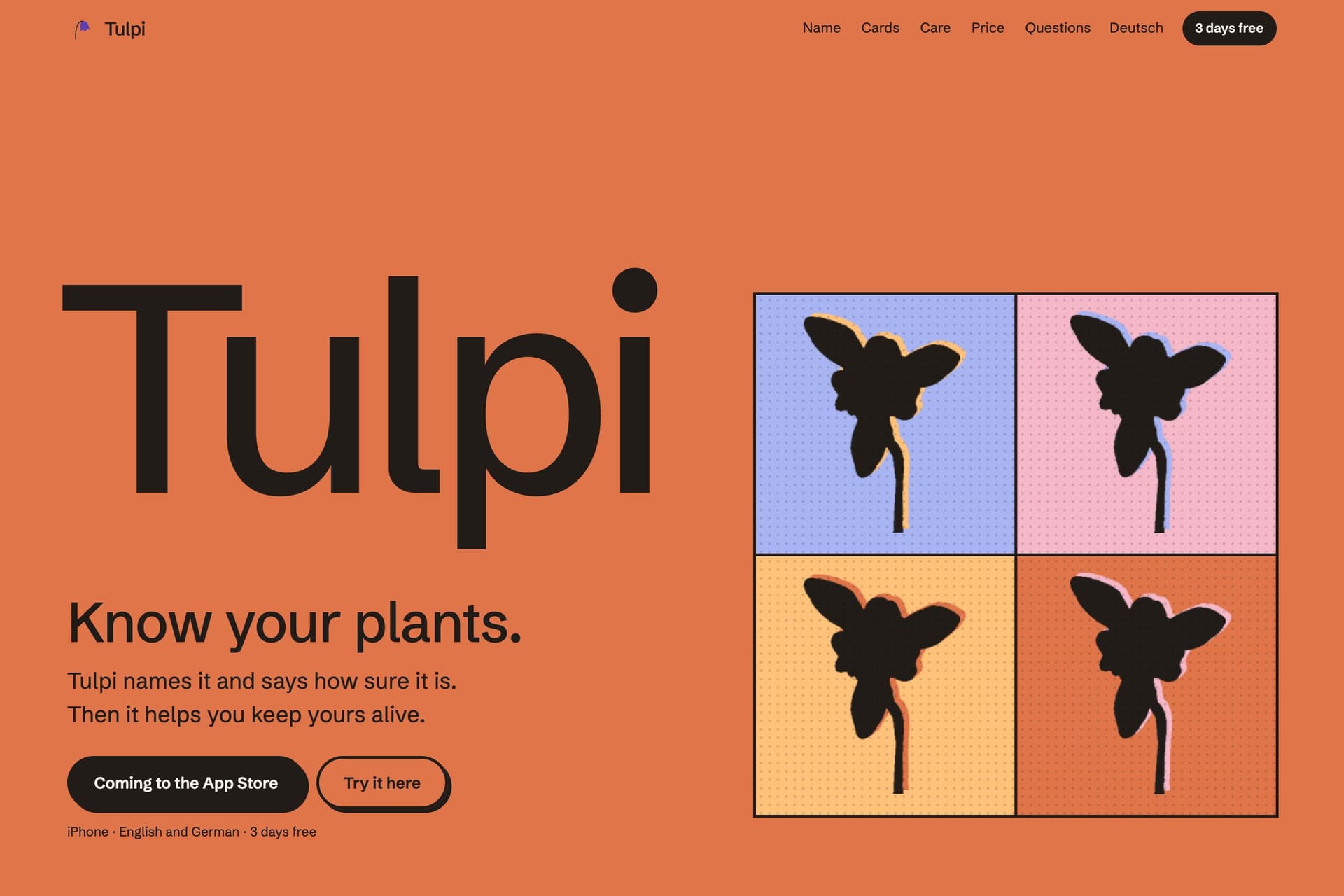 The Tulpi website opening on a rust field: the word Tulpi, Know your plants, and a snowdrop printed four times in the four season colours