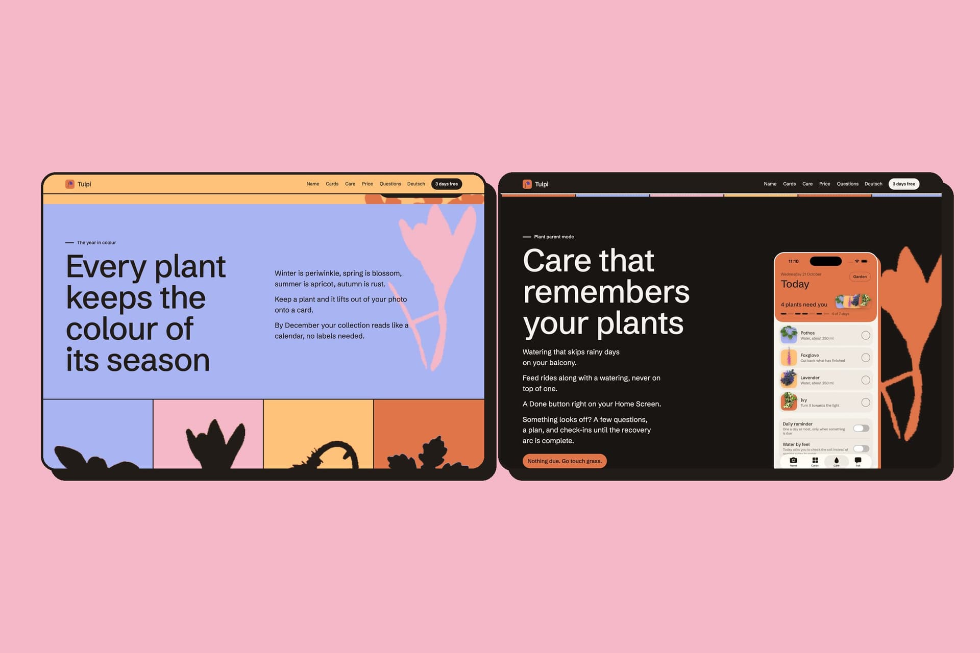 Two rooms of the Tulpi website on a blossom field: the year in colour with four season bands, and the dark care room with the Today screen