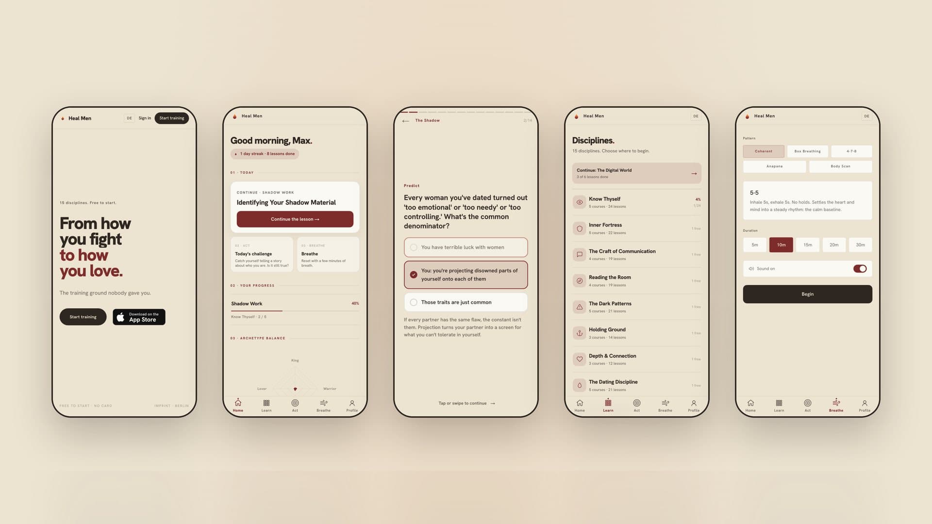 Heal Men app flow across five screens
