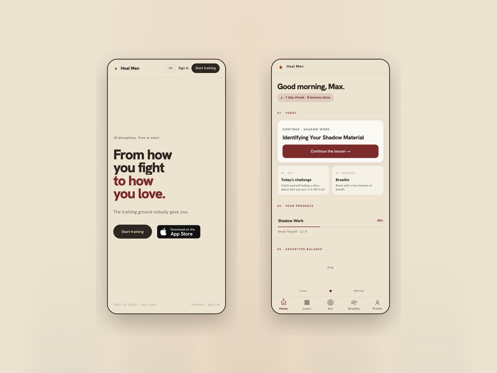 Heal Men landing page and the daily dashboard