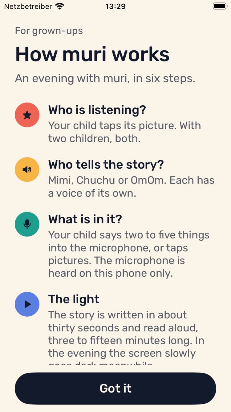 For parents: how muri works and what leaves the phone.