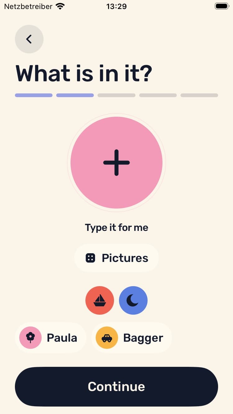 What is in it: two or three pictures, a boat and the moon for example.